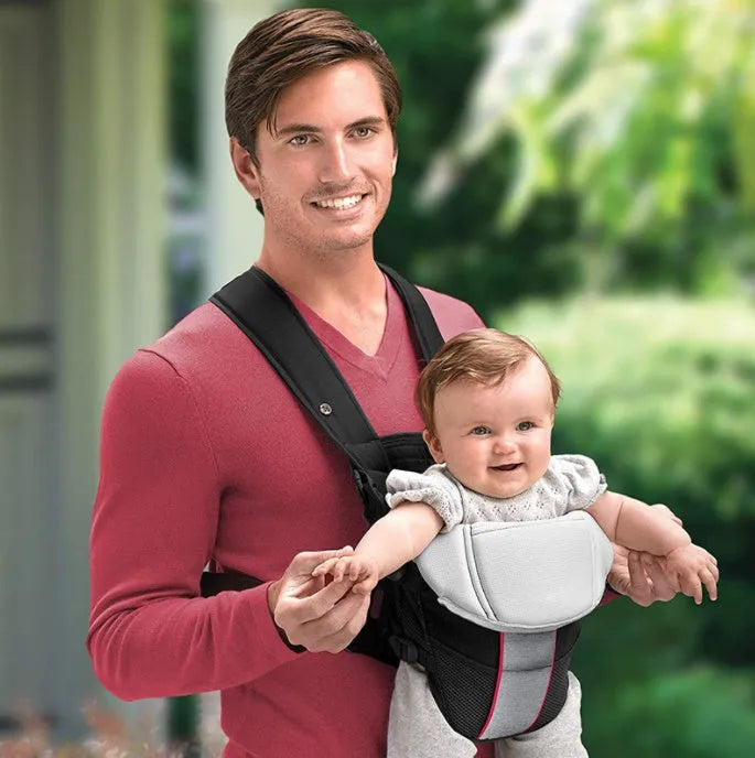 Breathable double-shoulder baby carrier showing face-to-face infant carrying position