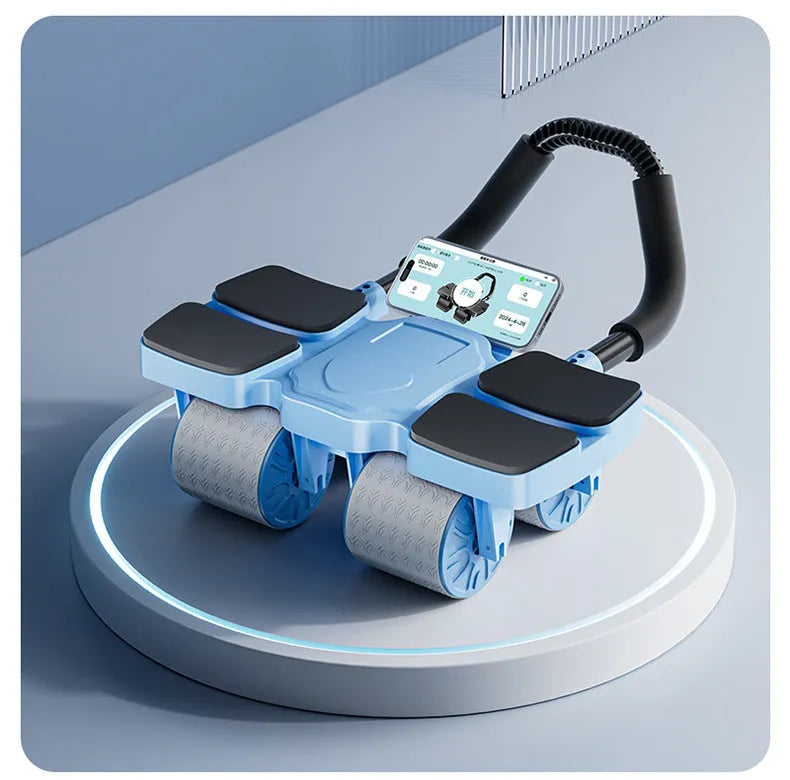 Black automatic rebound abdominal wheel with four blue wheels and textured handles on a wooden floor.