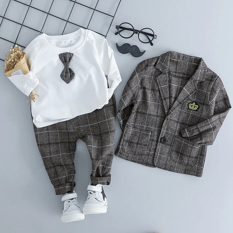 Children's knitted cotton three-piece suit in coffee colour showing trousers, jacket, and shirt