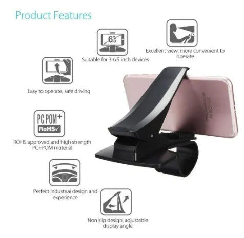 Rotary dashboard car phone holder in black with non-slip silicone clip for smartphones up to 6.5 inches