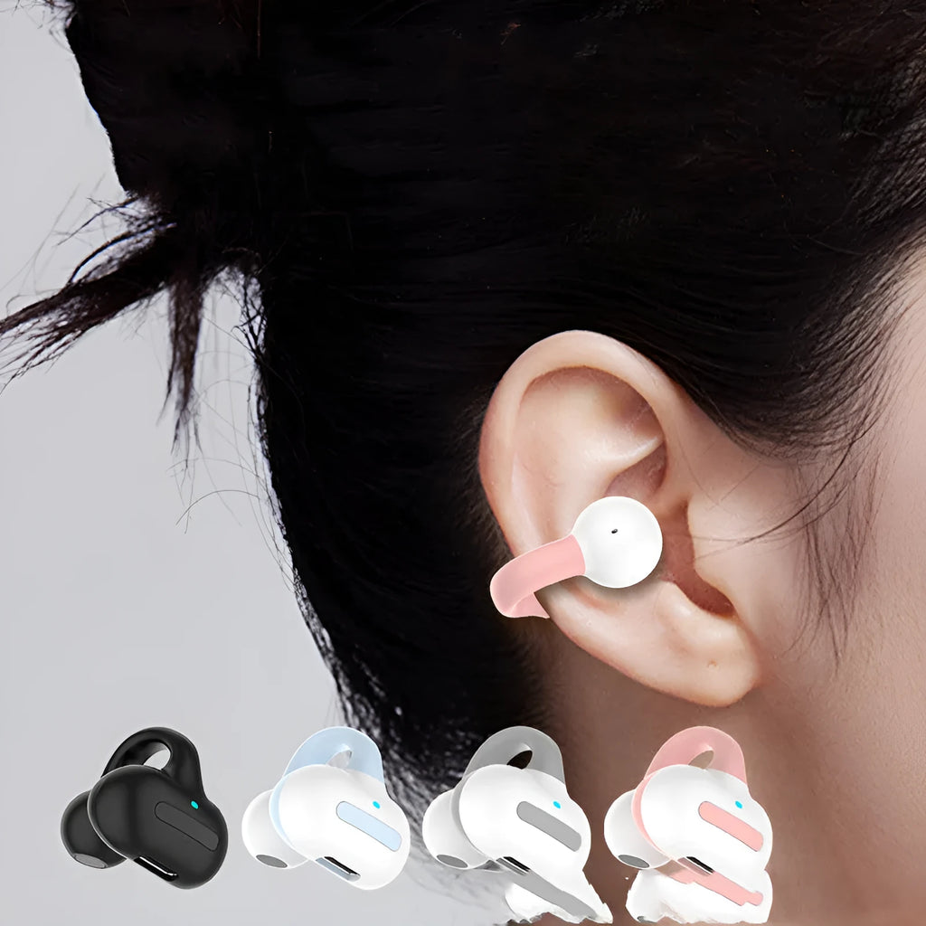 Clip-on Bluetooth headset earphones in black, white, pink, or blue colours showing ear-to-ear design