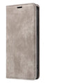 Magnetic flip leather phone case for iPhone shown closed and open, revealing card slot and screen.