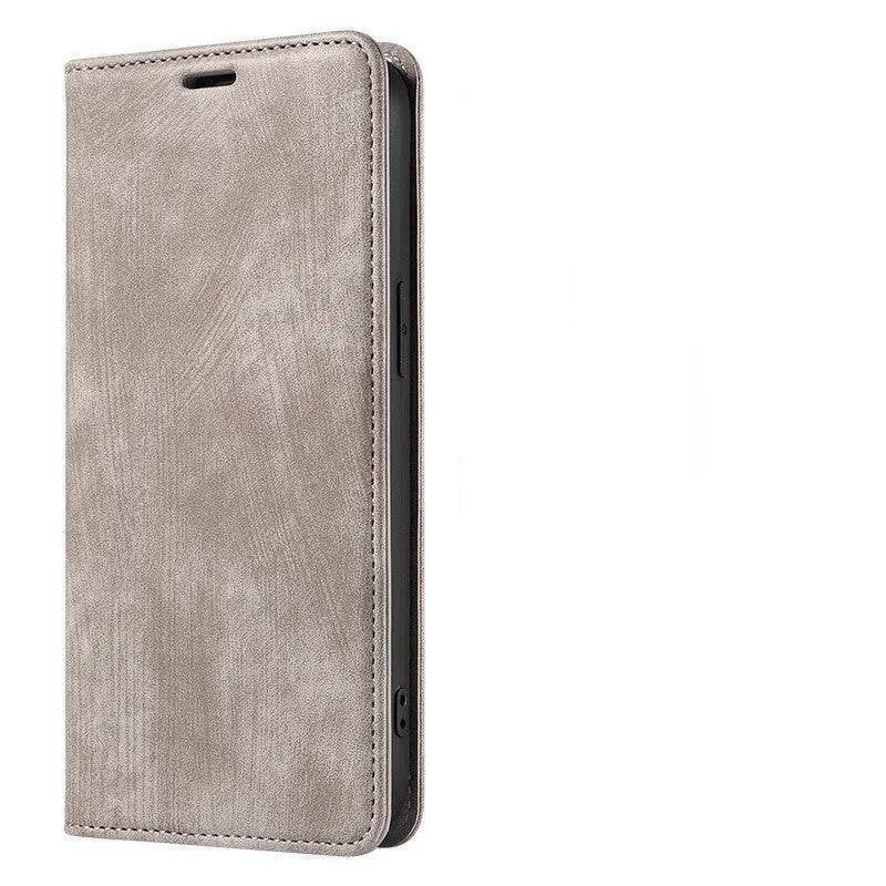 Magnetic flip leather phone case for iPhone shown closed and open, revealing card slot and screen.