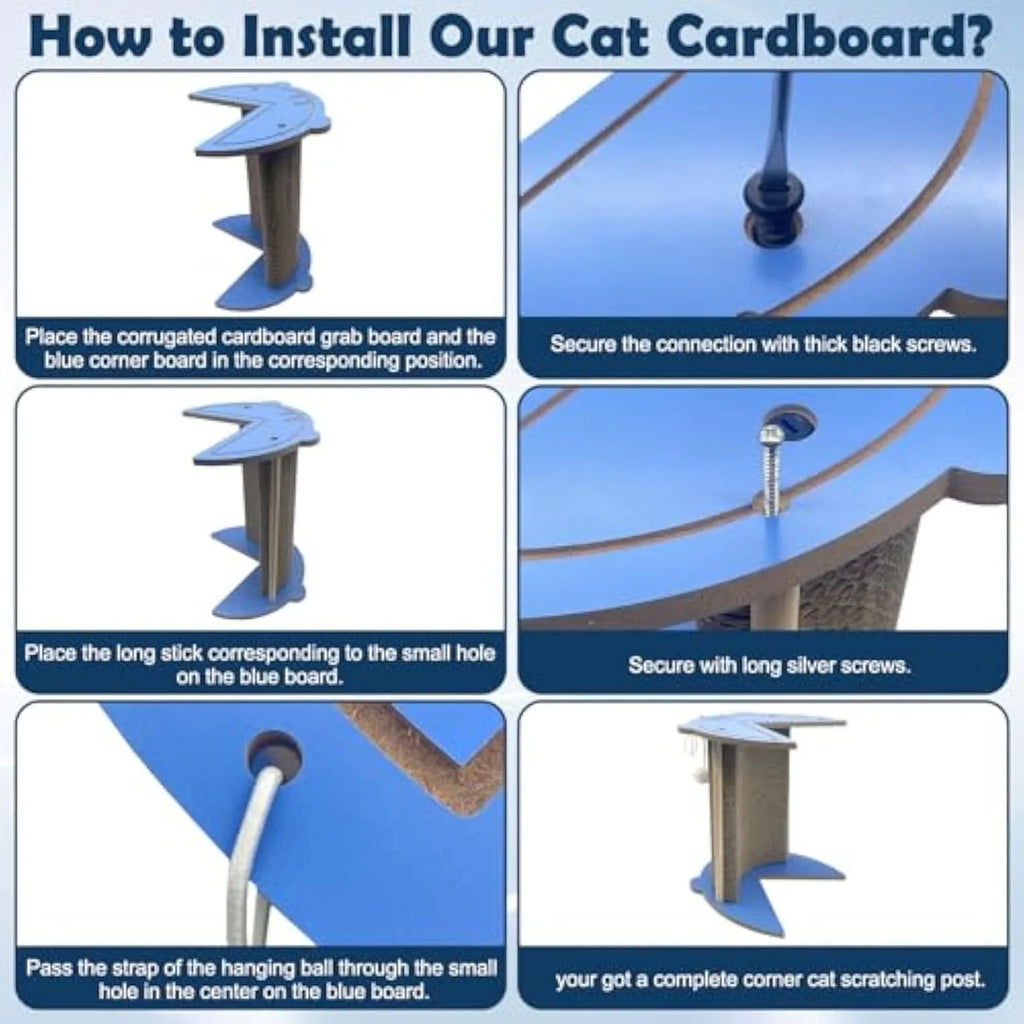 Cat corner scratcher cardboard pad for wall placement with hanging ball attachment