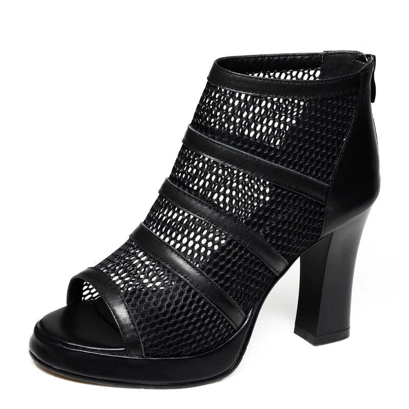 Black women's high heels mesh shoes with thick heel waterproof platform size 34 to 39