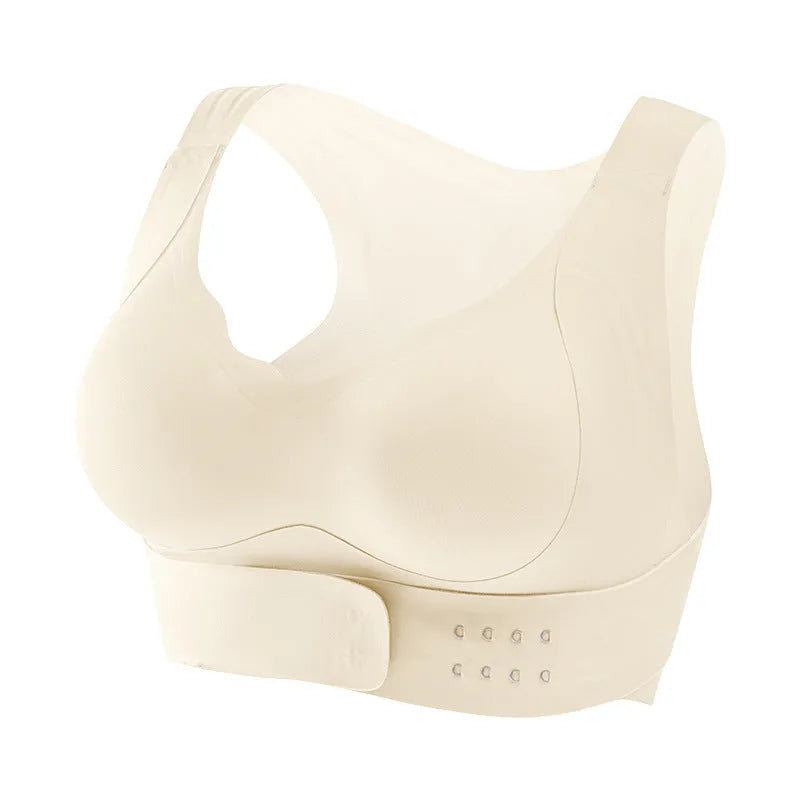 Women's front closure sports bra with back shaping panels for yoga and cross training