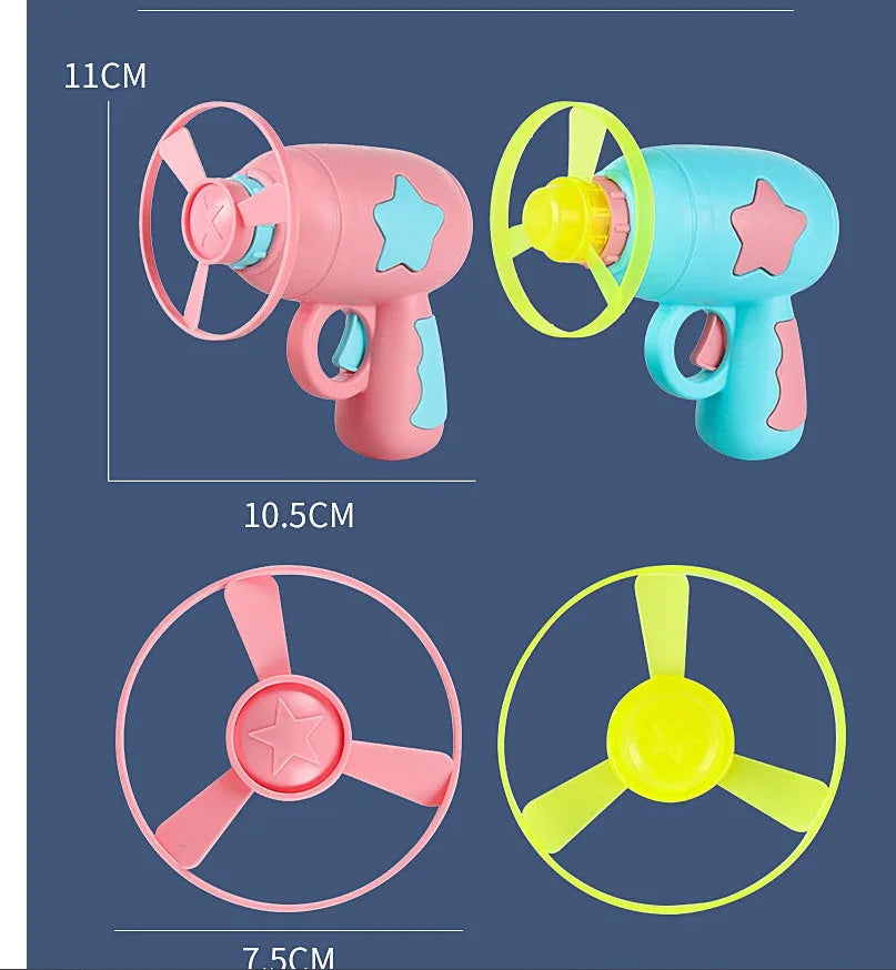 Blue LED flying saucer launcher toy set with gun, three luminous discs, and target board on packaging.