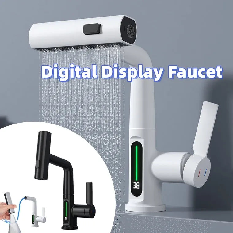 Digital display pull-out kitchen faucet with LED temperature readout and rotating waterfall spout