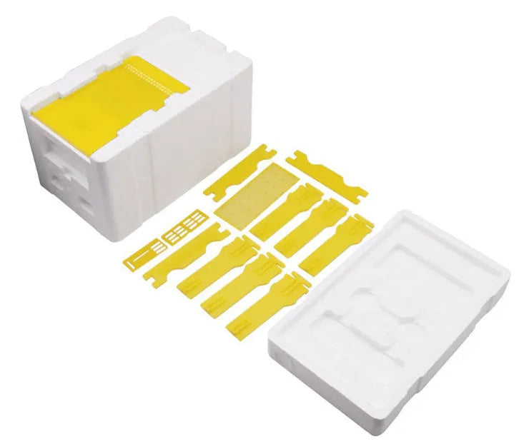 Three white EPS foam mini delivery boxes for beehive mating and breeding tool set.