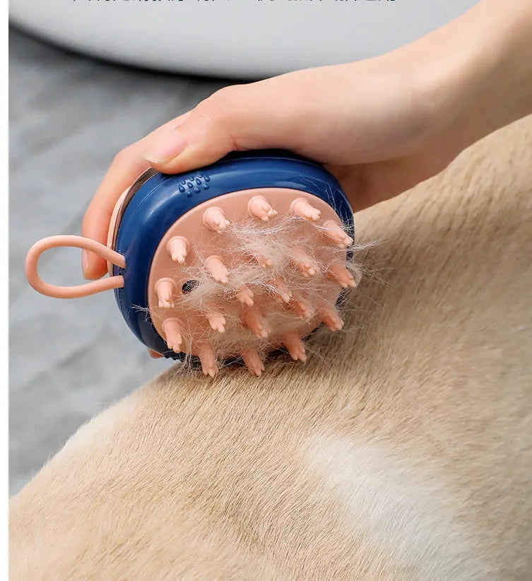 Blue pet grooming brush with integrated shampoo dispenser for bath time use with cats and dogs