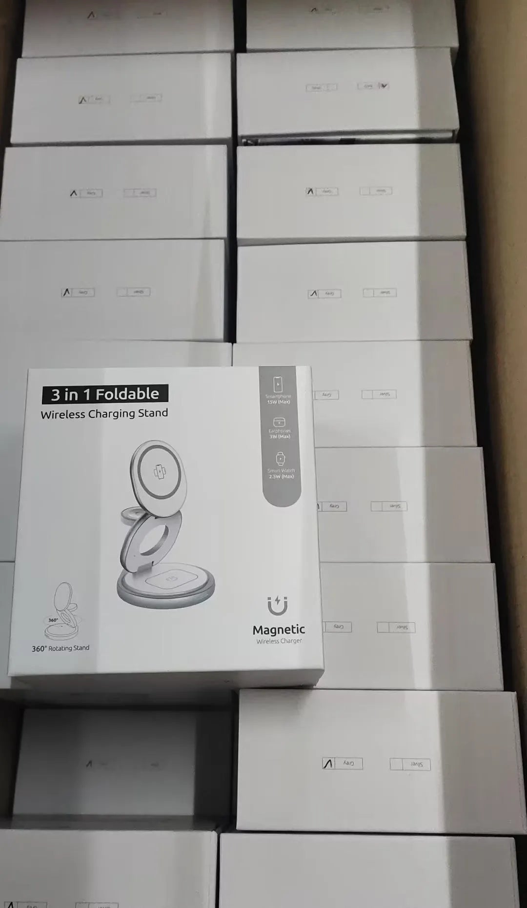 White magnetic three-in-one wireless charger with foldable stand for multiple devices