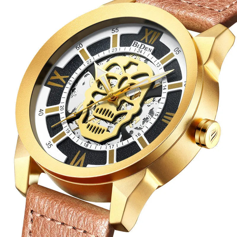 Men's quartz watch with calendar display on brown leather strap showing 4.3cm case diameter