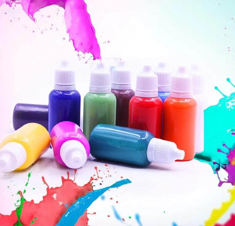 Hand painted doodle educational toy set showing pigment bottles, painting liquid, drawing paper, and stirring rods for gouache painting