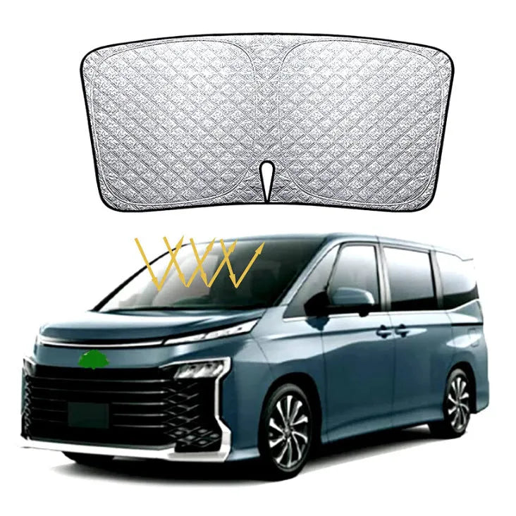 Custom silver tape sunshade cover for a Toyota NOAH XOVY 90 series car windshield