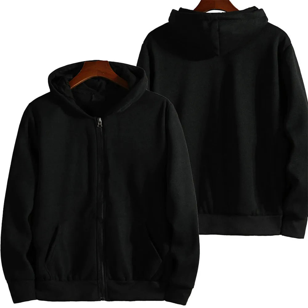 Men's loose fit solid colour zip-up sports jacket in polyester spandex fabric on a hanger