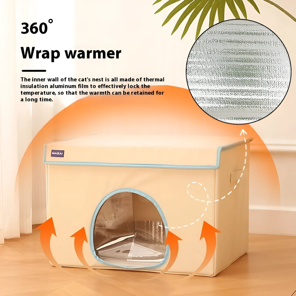 Beige and sky blue heated cat nest dog bed with removable cover in two sizes
