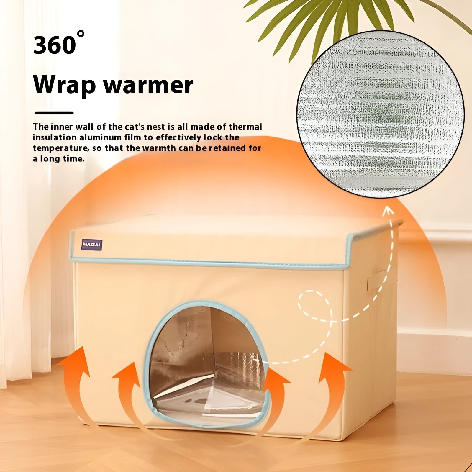 Beige and sky blue heated cat nest dog bed with removable cover in two sizes