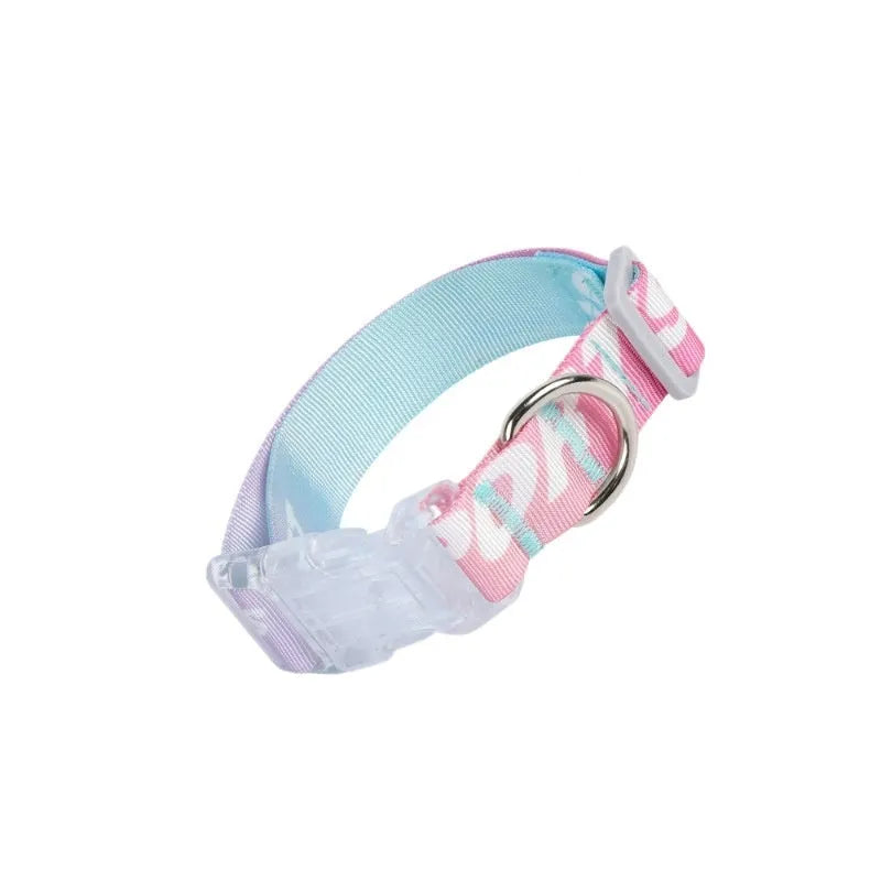 Adjustable nylon dog collar with cartoon gradient print in green, showing buckle and D-ring on a size chart.