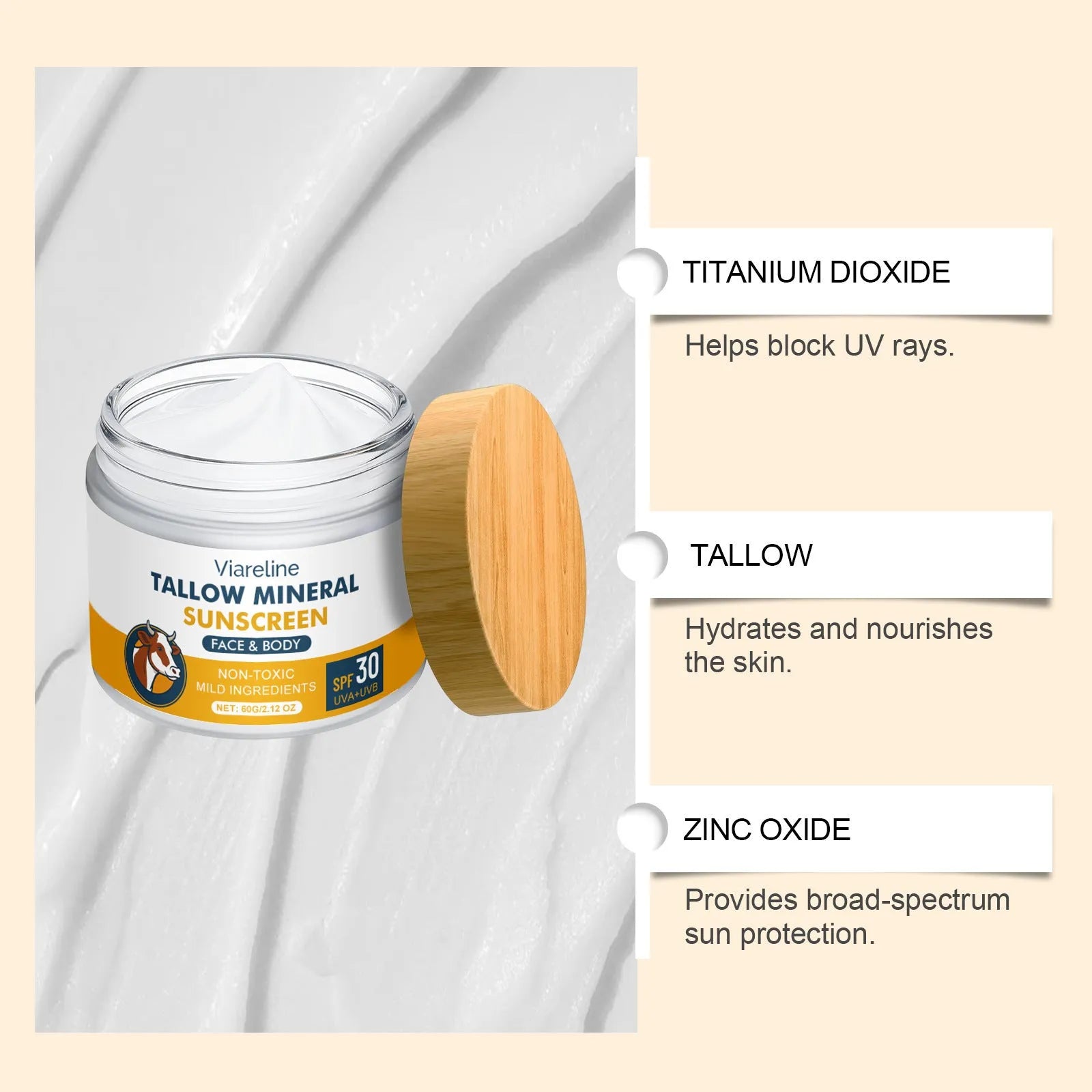 Cow fat moisturising sunscreen tube with 60g net content showing cream formulation