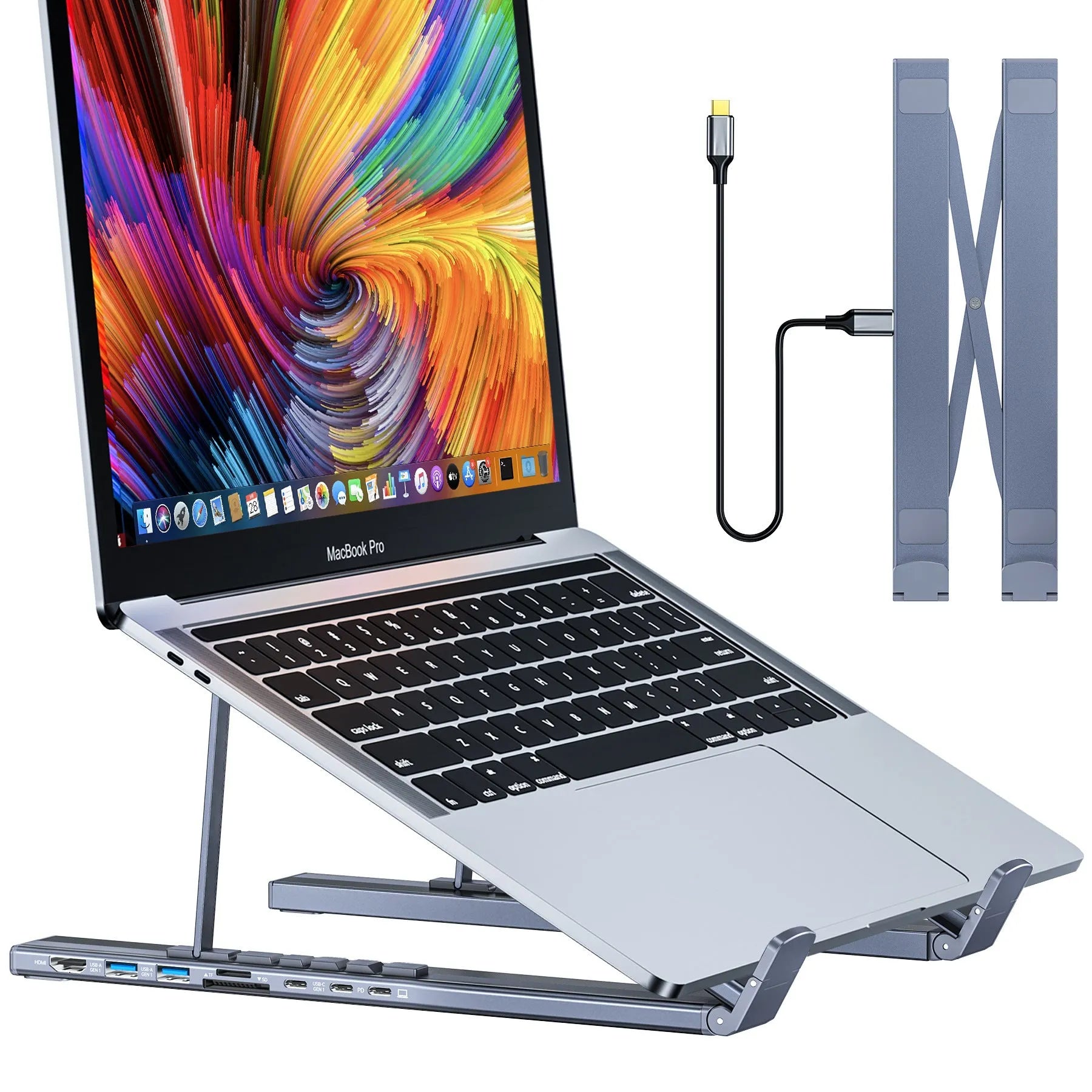 Silver aluminium foldable laptop stand with integrated multi-port docking station and a short connection cable.