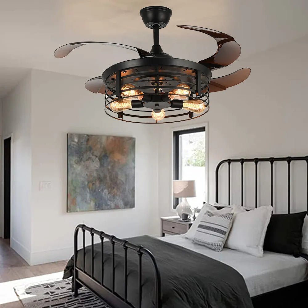 American retro style ceiling fan with clear acrylic blades and an integrated acrylic lampshade, remote control on a table.