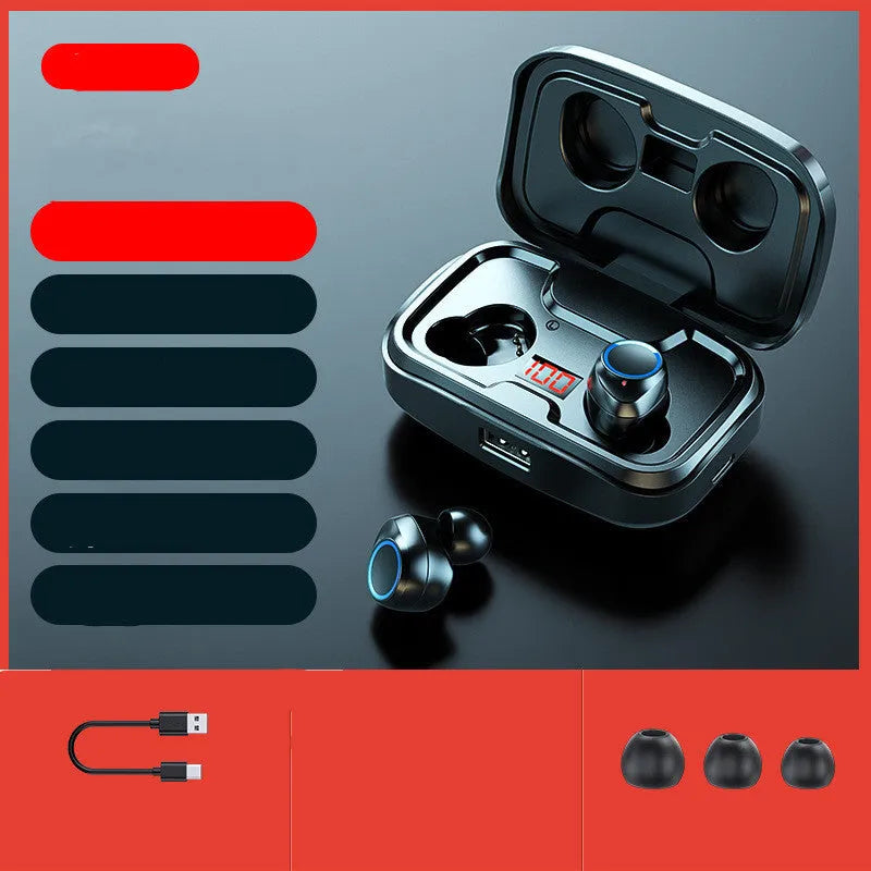 Wireless in-ear Bluetooth earphones in black, blue, or red colours, showing private mould design.