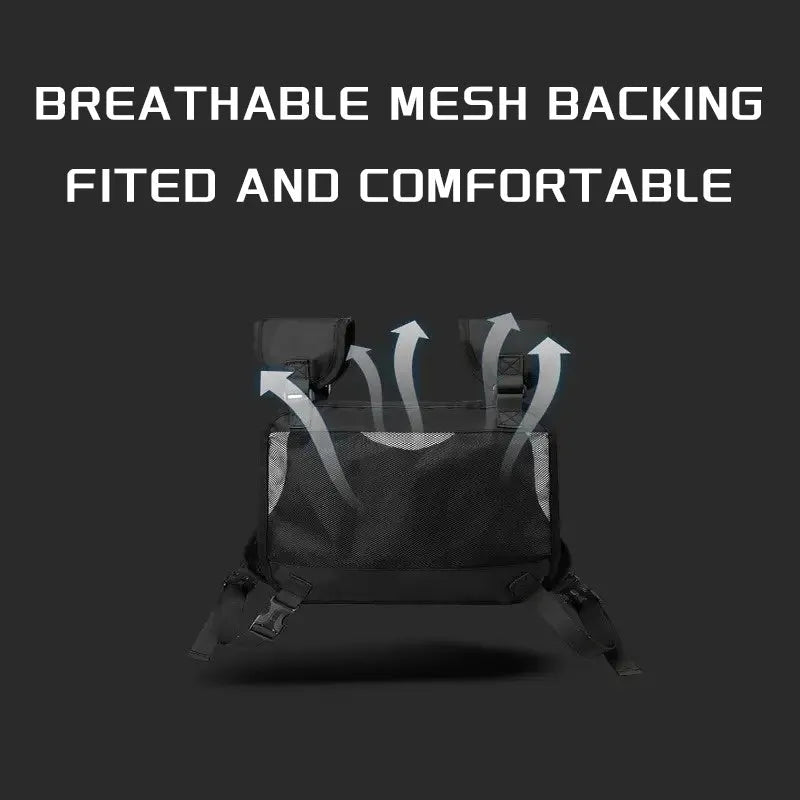 Black outdoor sports chest bag with reflective trim and adjustable straps suitable for running cycling hiking