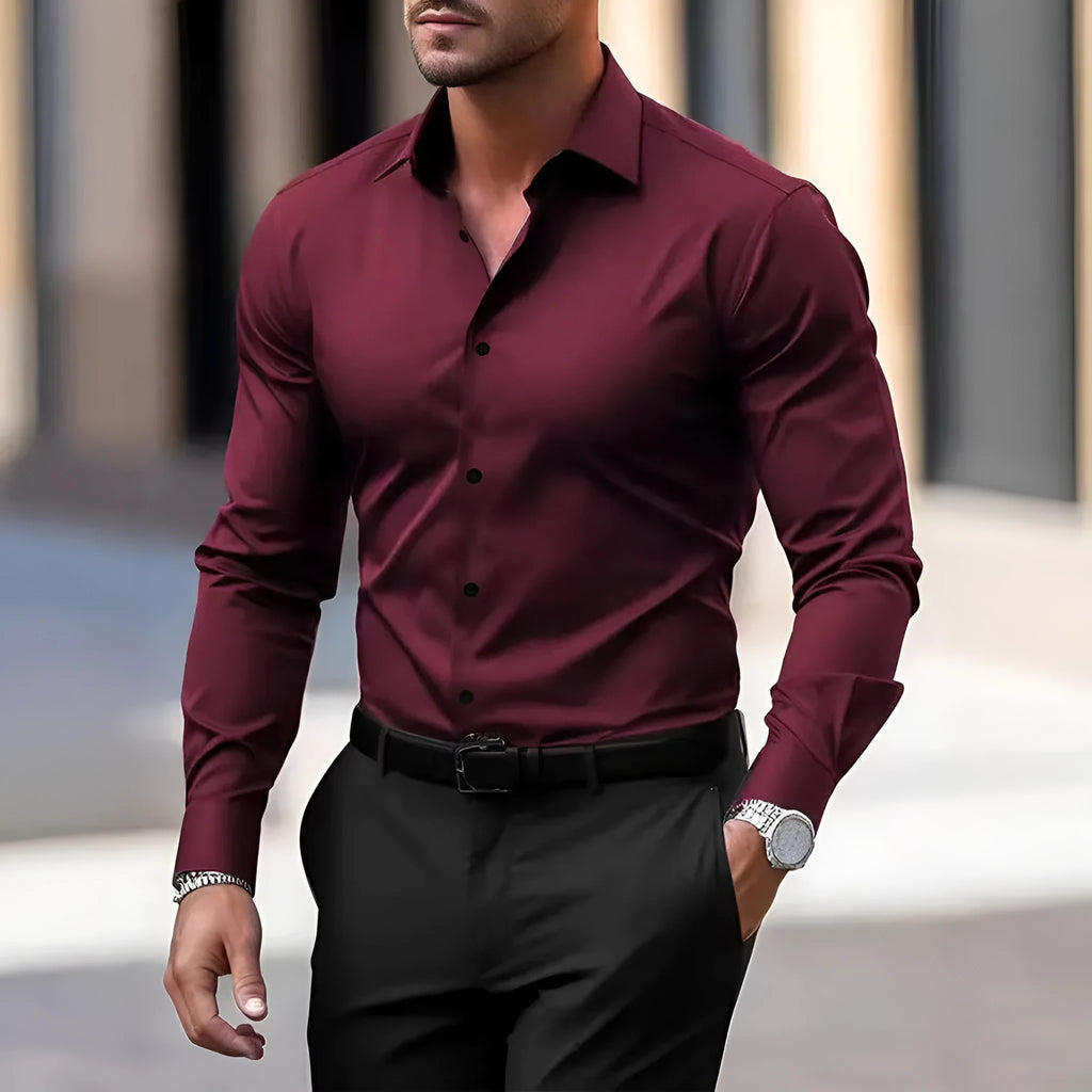 Men's long sleeve solid colour button down shirt with lapel collar in navy blue polyester velvet fabric