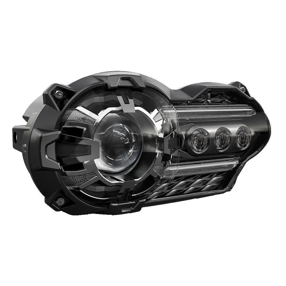 Black LED motorcycle headlight unit showing dimensions of 267mm width and 127mm height.