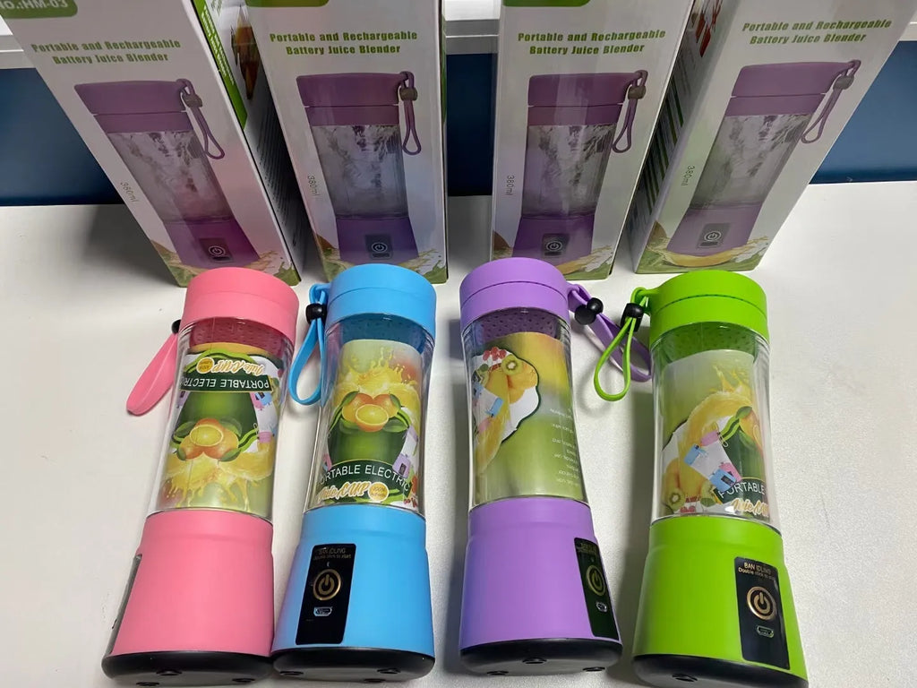 Portable USB rechargeable blender with pink plastic cup and six-blade design