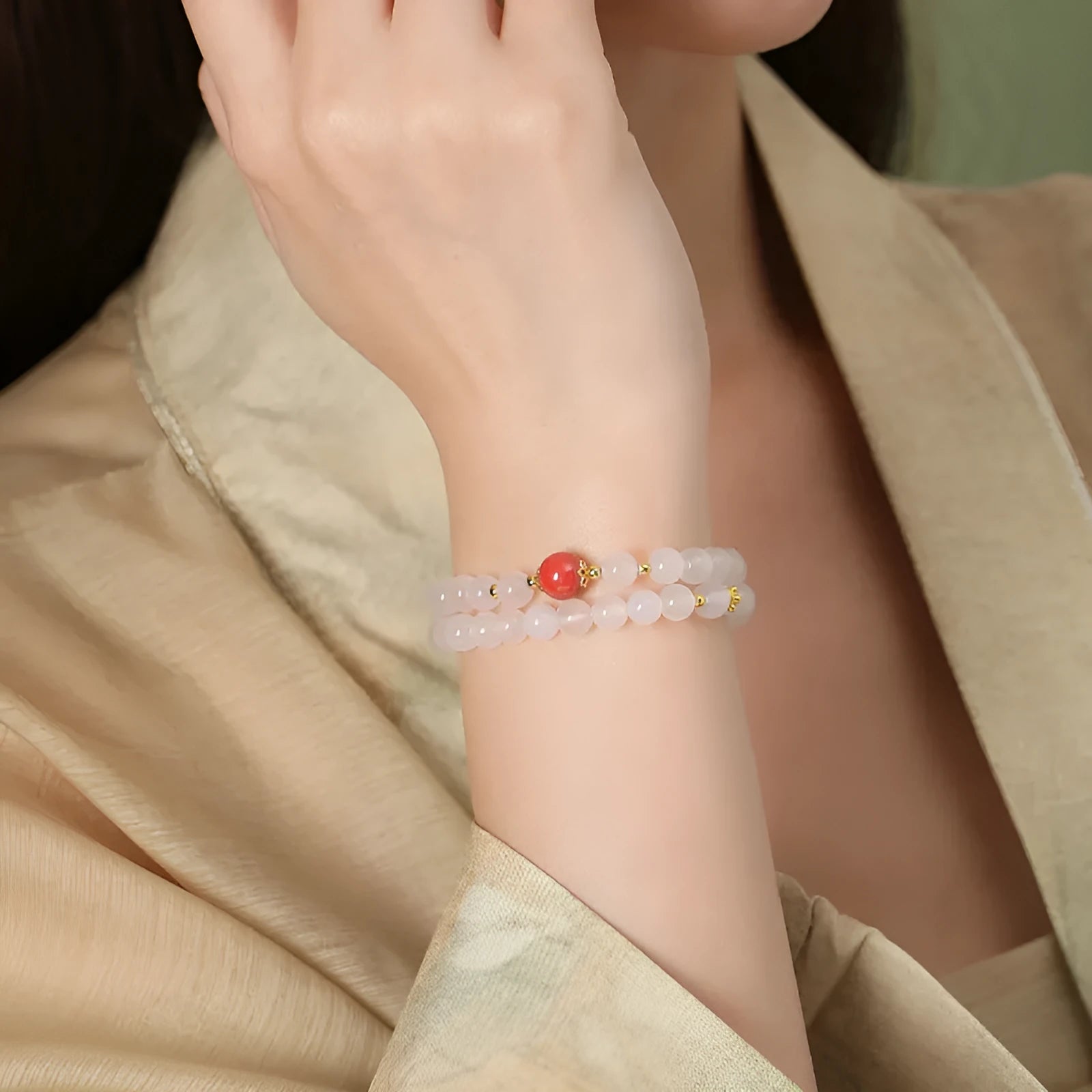 Women's double layer white agate bracelet with 6mm polished beads in geometric national style