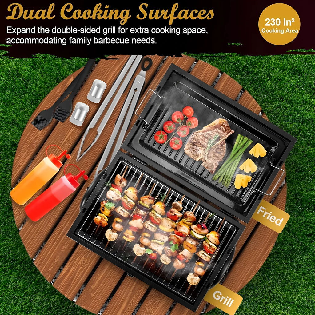 Small metal folding barbecue grill with charcoal fuel, shown on a tabletop.