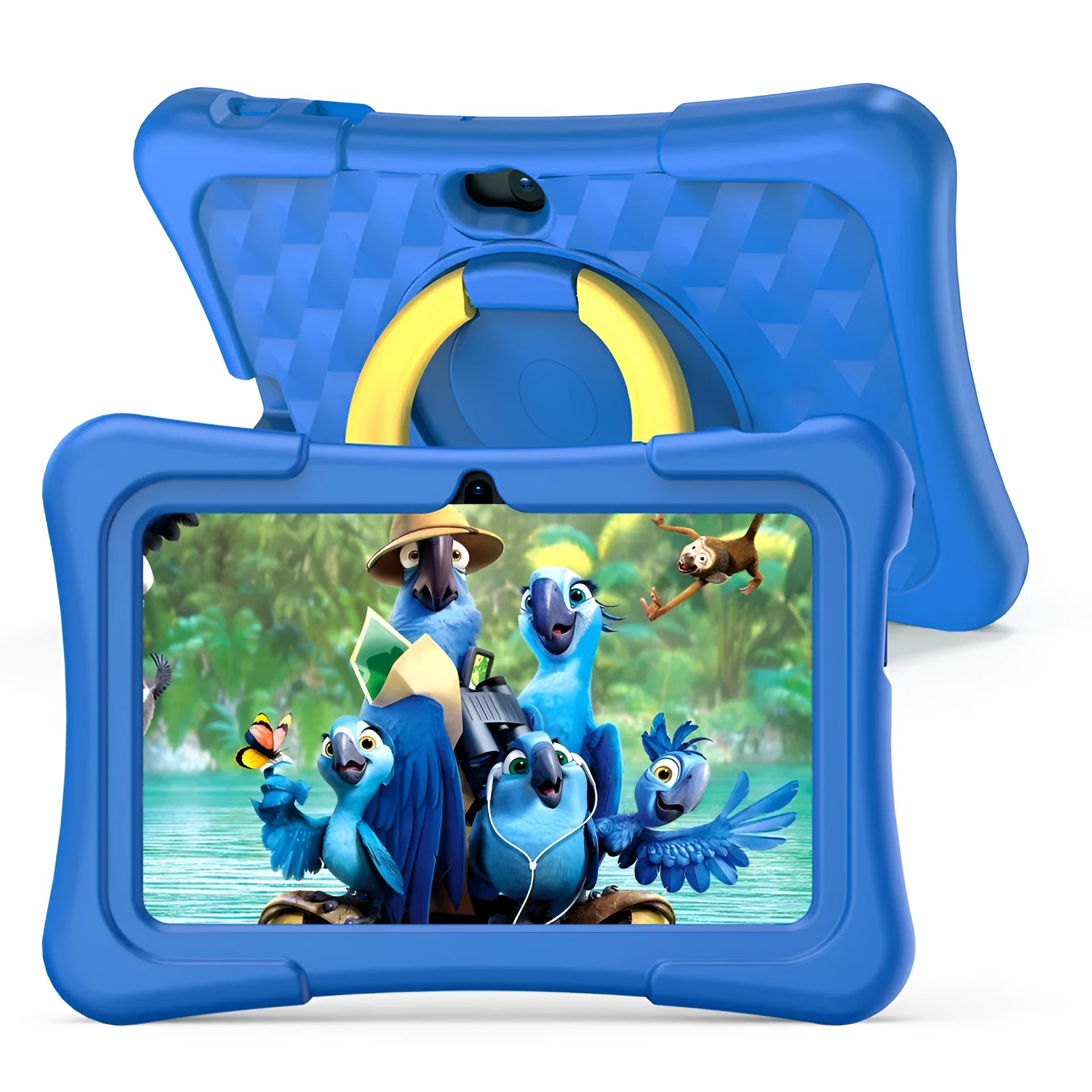 Blue children's tablet with a silicone protective cover and a rotating handle bracket attached.