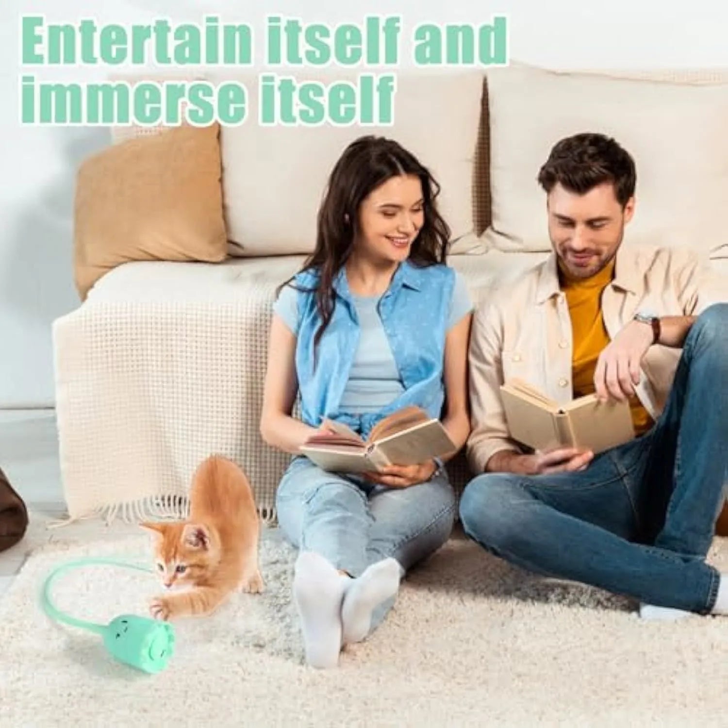 Green automatic cat wand toy with silicone tails rotating for indoor cat play