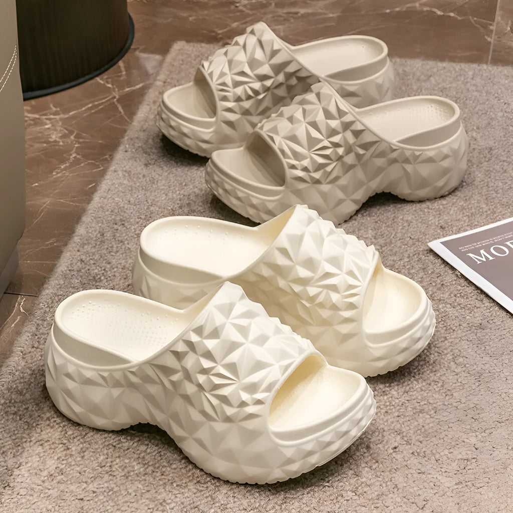Women's khaki EVA high-heel wedge flip-flop slippers with a thick sole, shown from the side.