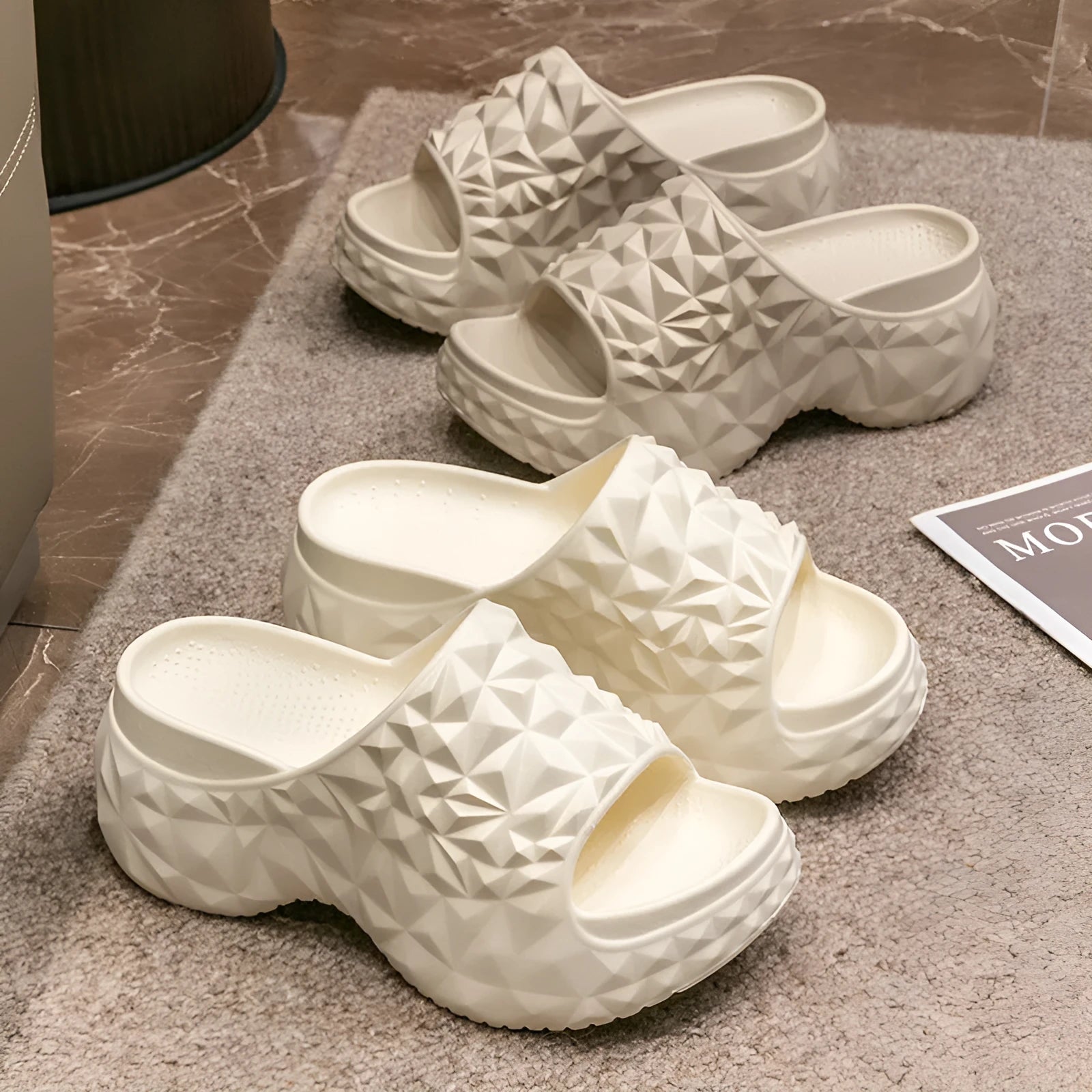 Women's khaki EVA high-heel wedge flip-flop slippers with a thick sole, shown from the side.