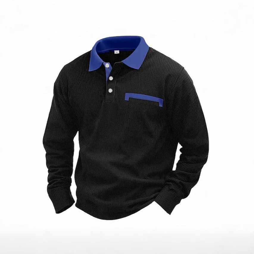 Men's long-sleeved waffle knit polo shirt in a loose fit, shown in a dark green colour.