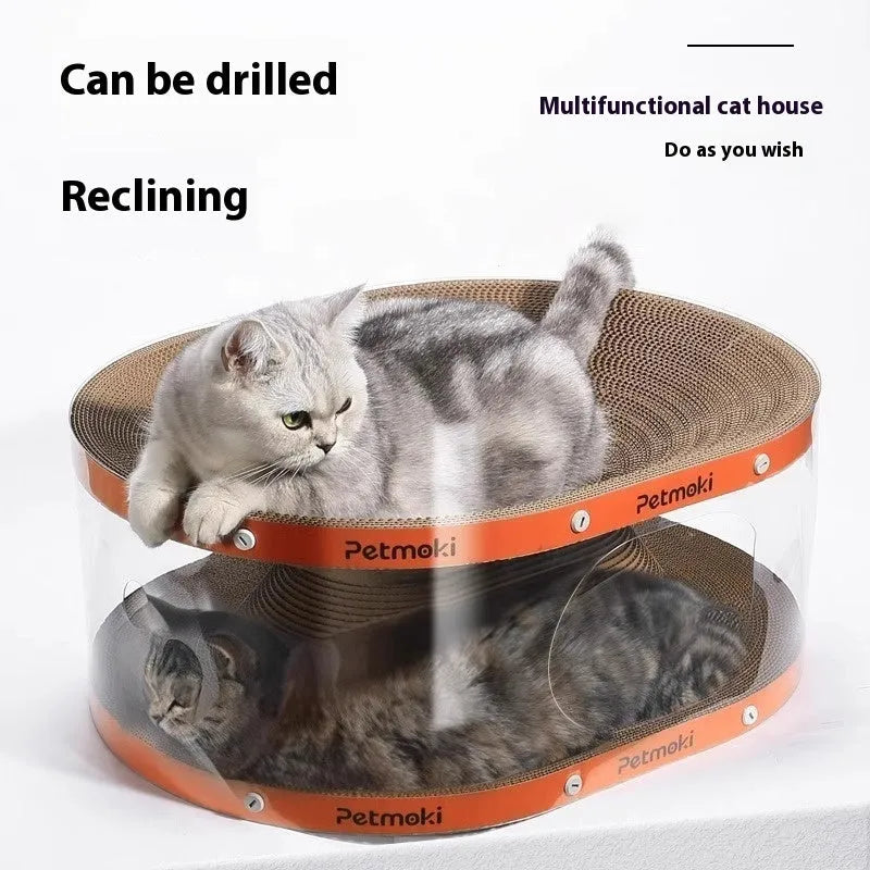 White transparent PVC tunnel cat nest with integrated corrugated cardboard scratch panel, dimensions 58x45x23cm