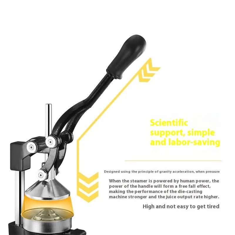 Black cast iron manual citrus juicer with stainless steel funnel on a kitchen counter.