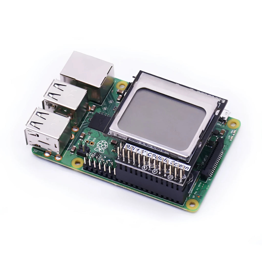 Raspberry Pi 1.6-inch LCD display module showing CPU data, with visible backlight switch on the side.