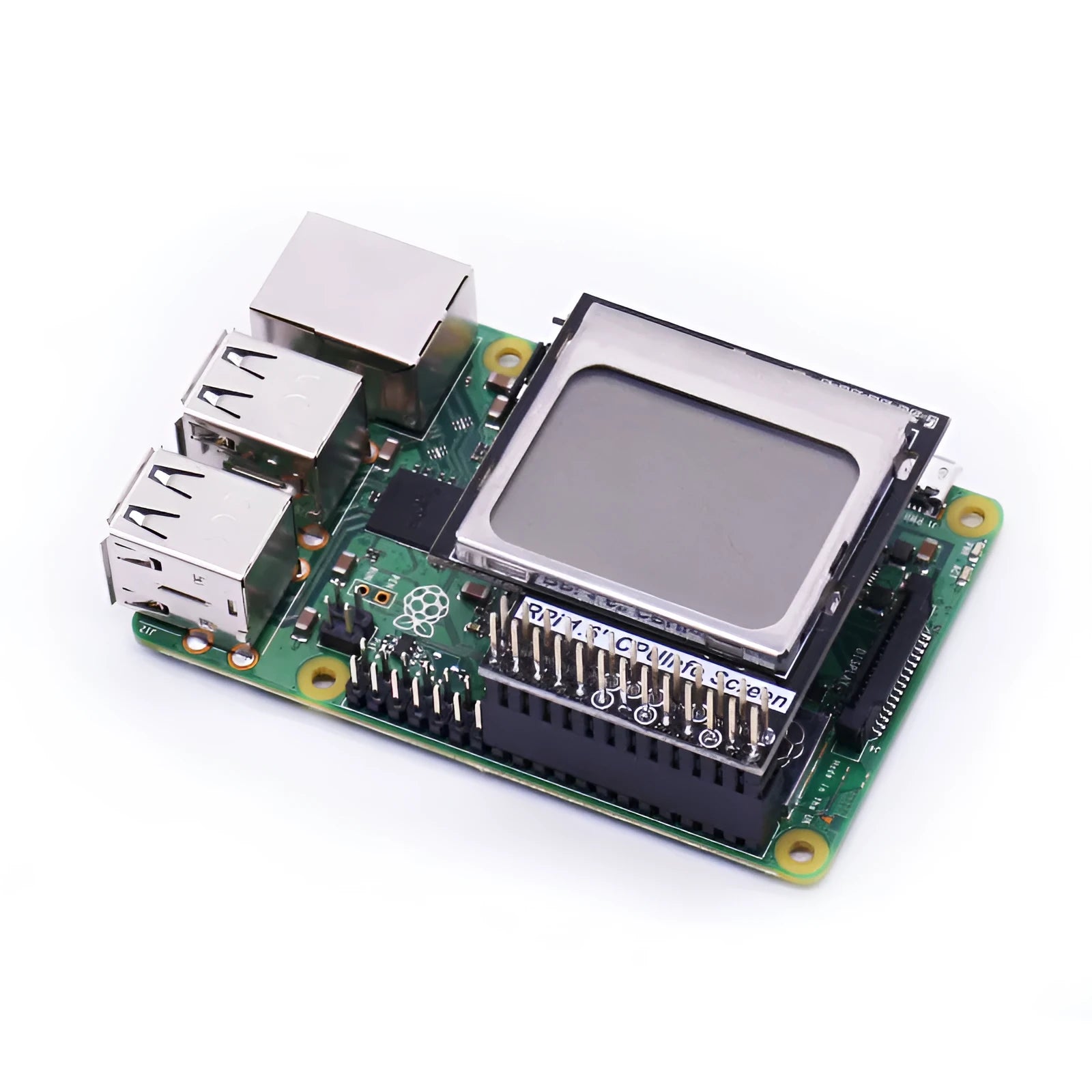 Raspberry Pi 1.6-inch LCD display module showing CPU data, with visible backlight switch on the side.