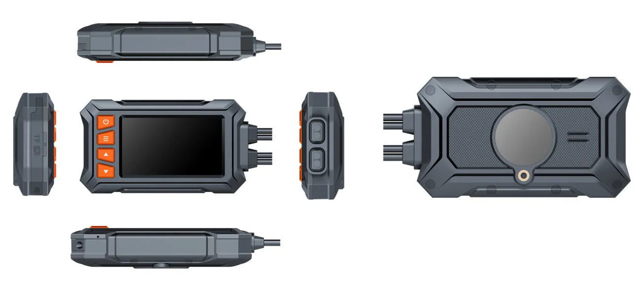 3 inch waterproof motorcycle tachograph dash cam with dual lenses, GPS module, and power cables on a handlebar.