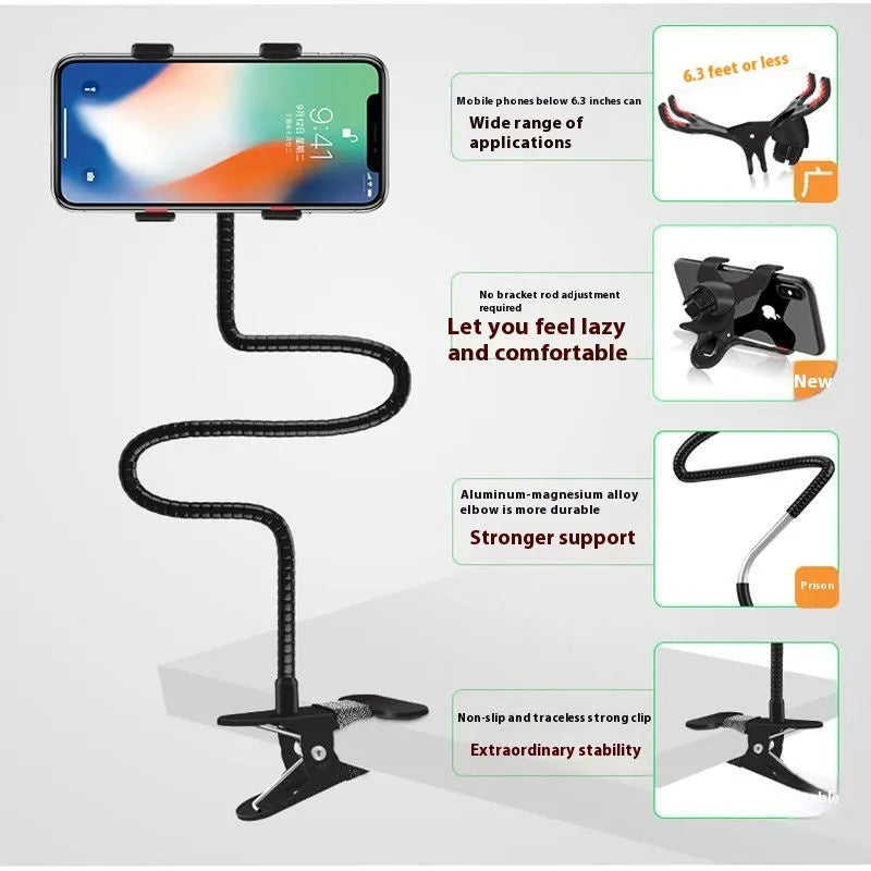 Black metal lazy stand gadget with rotary clip holding a mobile phone on a bedside table
