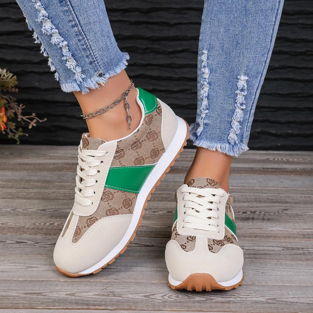 Women's khaki lace-up casual shoes with cross strap and flat heel design