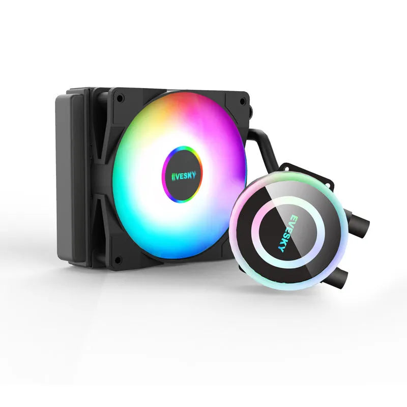 Aluminium CPU radiator with RGB fan in 120mm, 240mm, and 360mm sizes for quiet PC cooling.