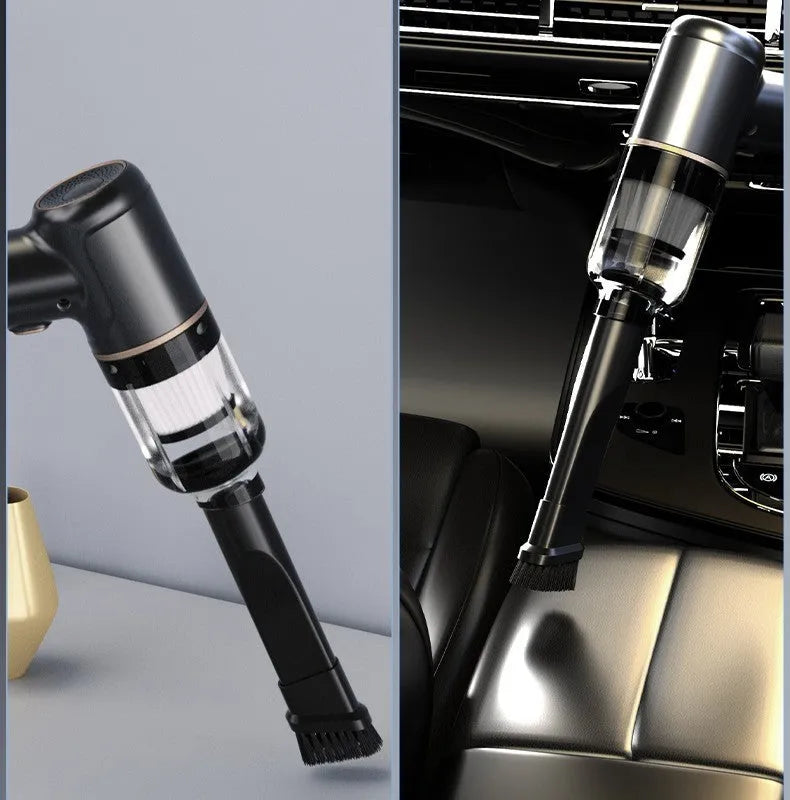 Black wireless car vacuum cleaner with multiple nozzle attachments and USB charging cable