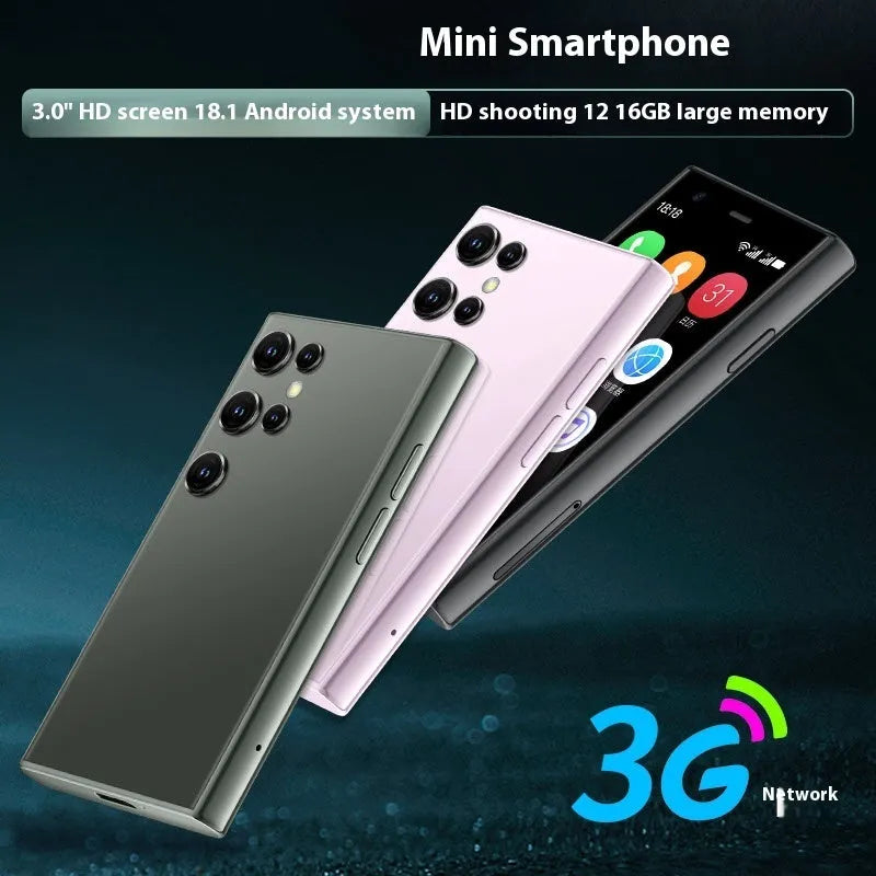 Black, green, and pink purple S23PRO XS15 mini smartphone with 3-inch screen on a straight plate.