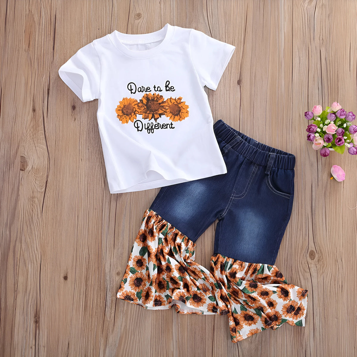 White kids two-piece cotton outfit with short sleeve top and trousers featuring denim torch and sunflower print