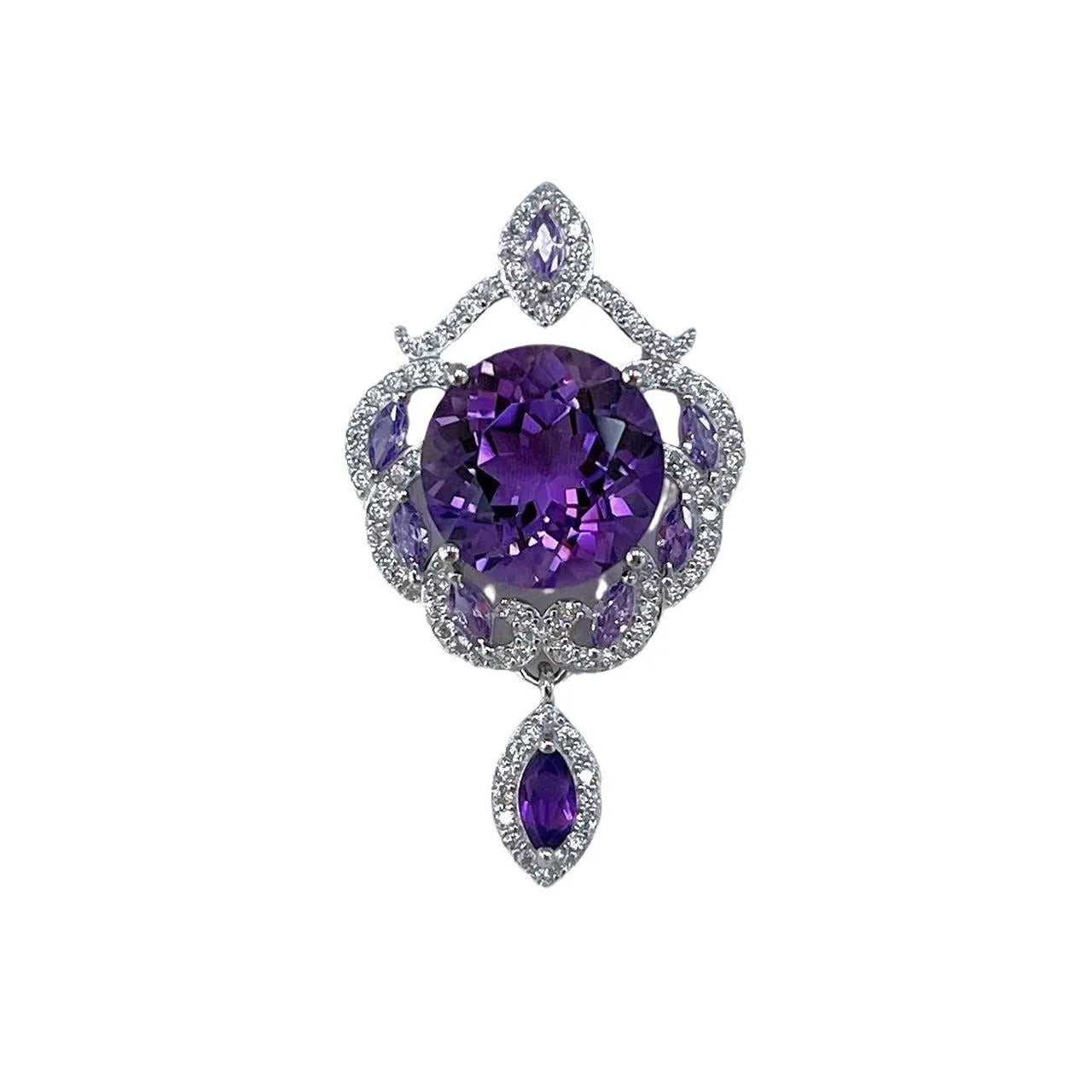 Purple amethyst gemstone set in platinum-plated S925 silver U-shaped pendant with meteor shower pattern