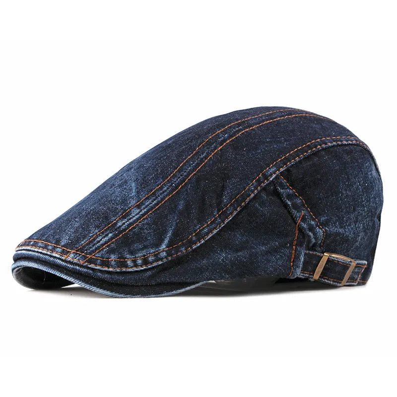 Fashion wash denim beret in medium denim blue, flat top crown, curly brim, cotton tie dye